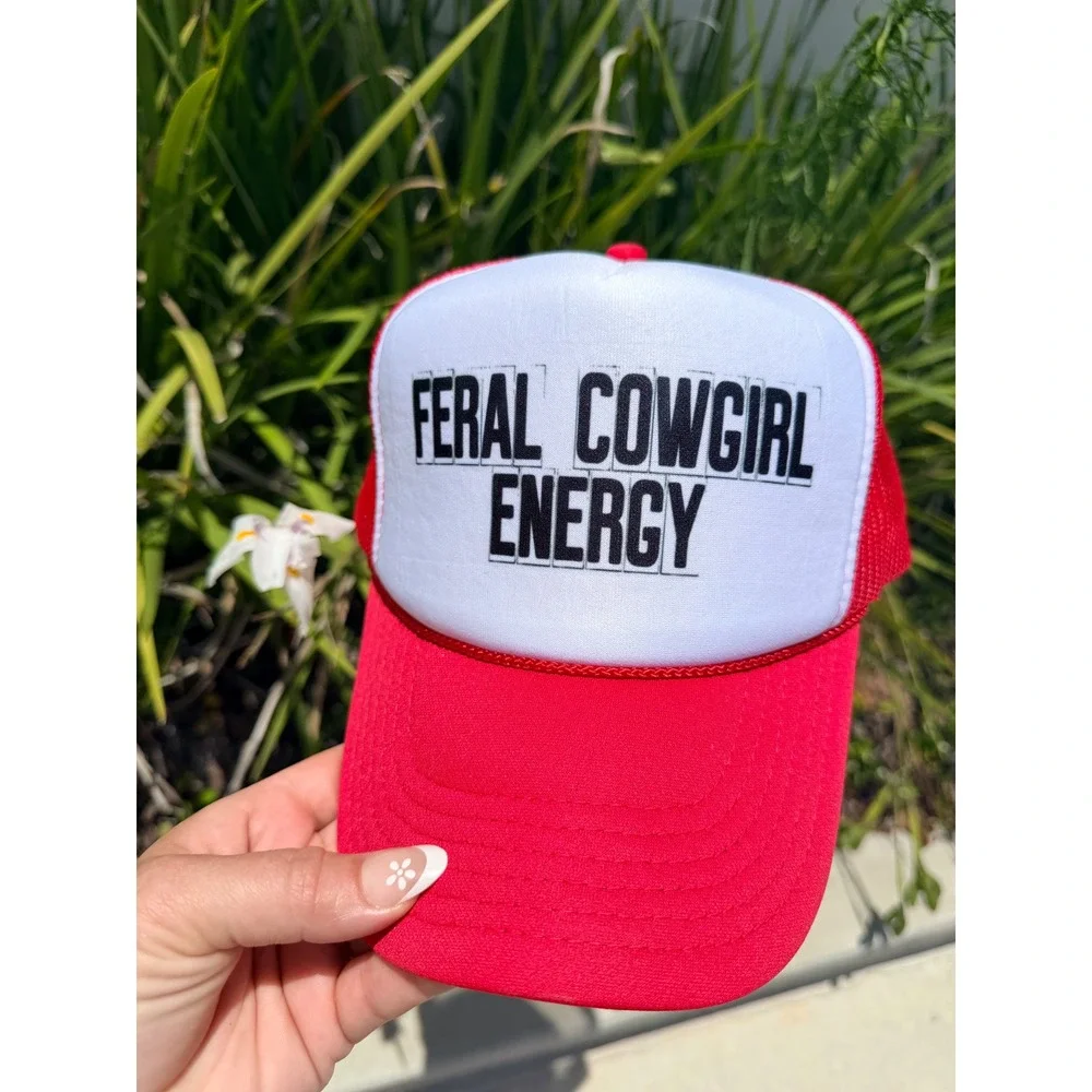 Feral Cowgirl Energy Red White Trucker Hat Mesh Snapback Baseball Cap